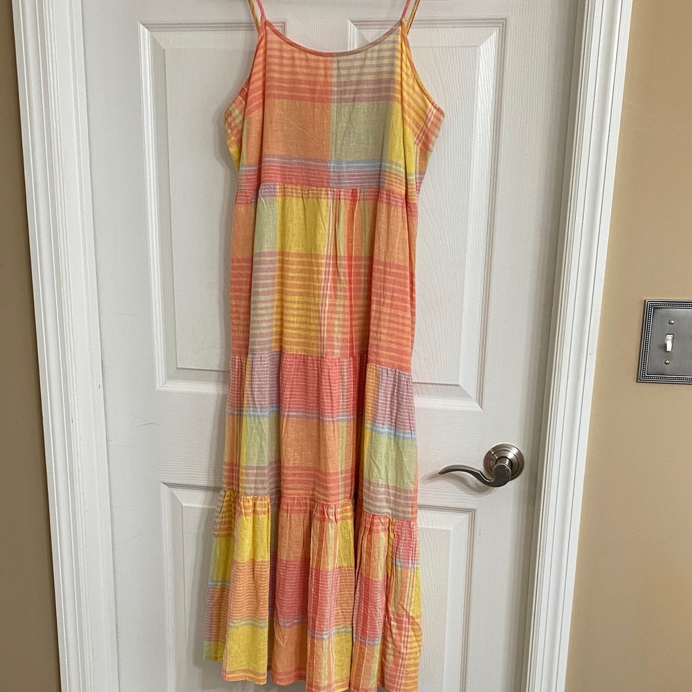 Beachlunchlounge Multicolor Madras Plaid Linen Maxi Dress in Yellow, Coral, Pink - Picture 4 of 12
